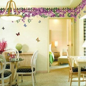 Purple Wisteria Flowers Butterfly Sticker,  Baseboard Wall Border Decals